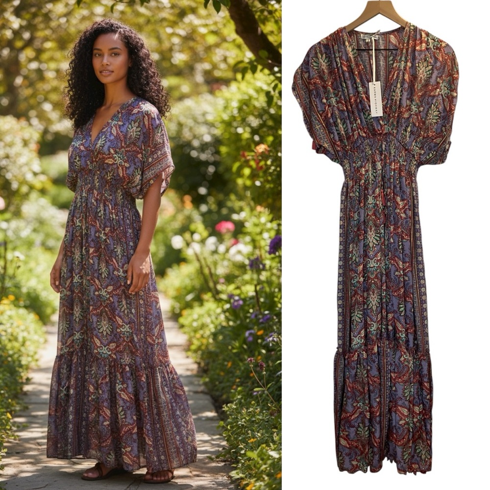 Karma Highway One Size Dolman Blouson Maxi Dress Boho Floral Purple Red Pattern - Picture 1 of 11
